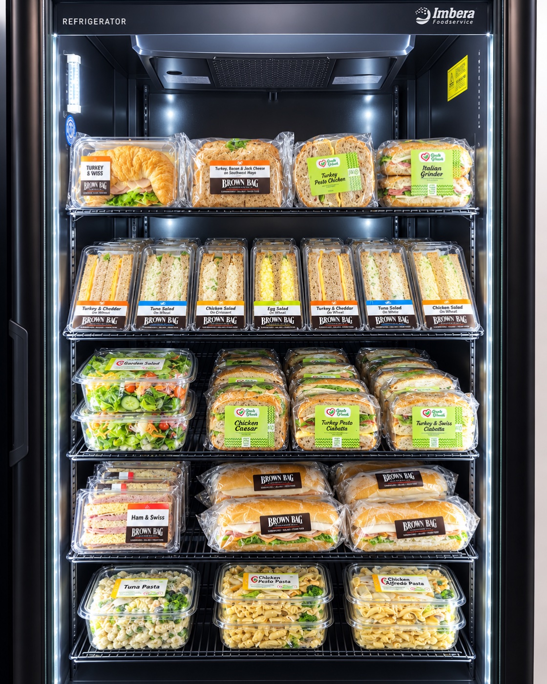 A refrigerated case stocked with packaged sandwiches, wraps, garden salads and pasta bowls on five lit shelves.