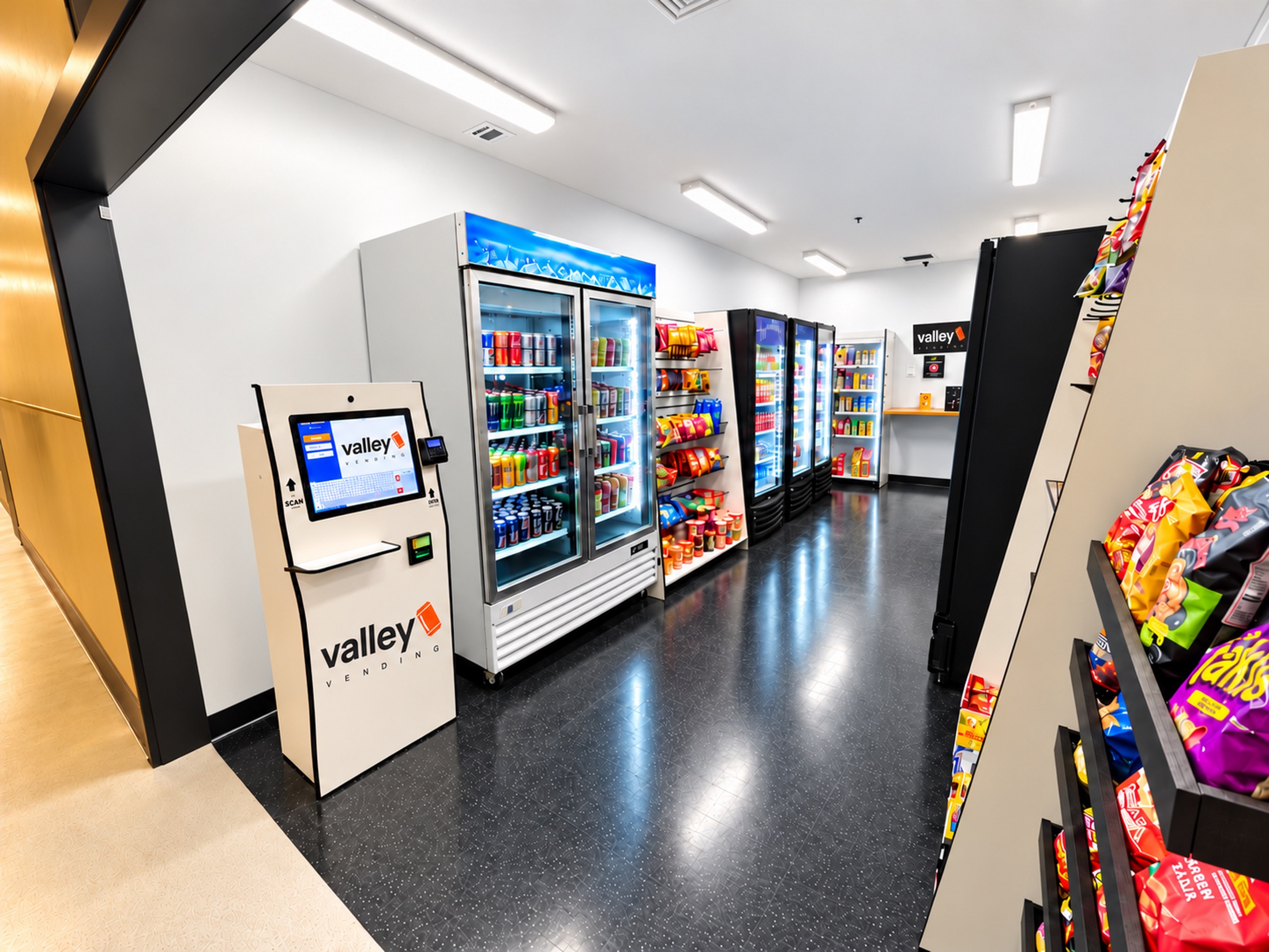 A Valley Vending micro market: a self-checkout kiosk branded with the valley logo in the foreground, a lit glass-door beverage cooler, refrigerated cases and a stocked snack wall running down the room.
