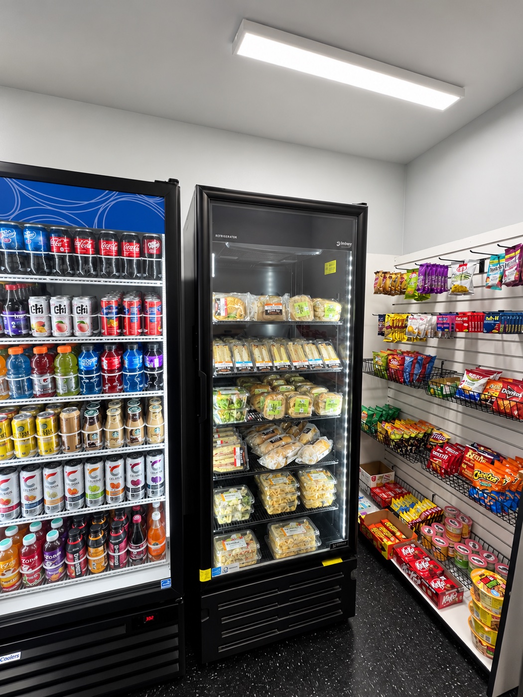 Two glass-door coolers beside a full-height snack wall, stocked with drinks, fresh food, chips, and confectionery.